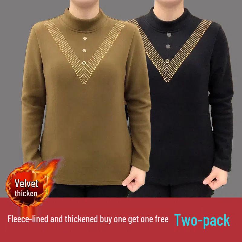Double-Sided Threaded Velvet Rhinestone Slimming Semi-High Neck Top - Autumn/Winter Warm Base Layer