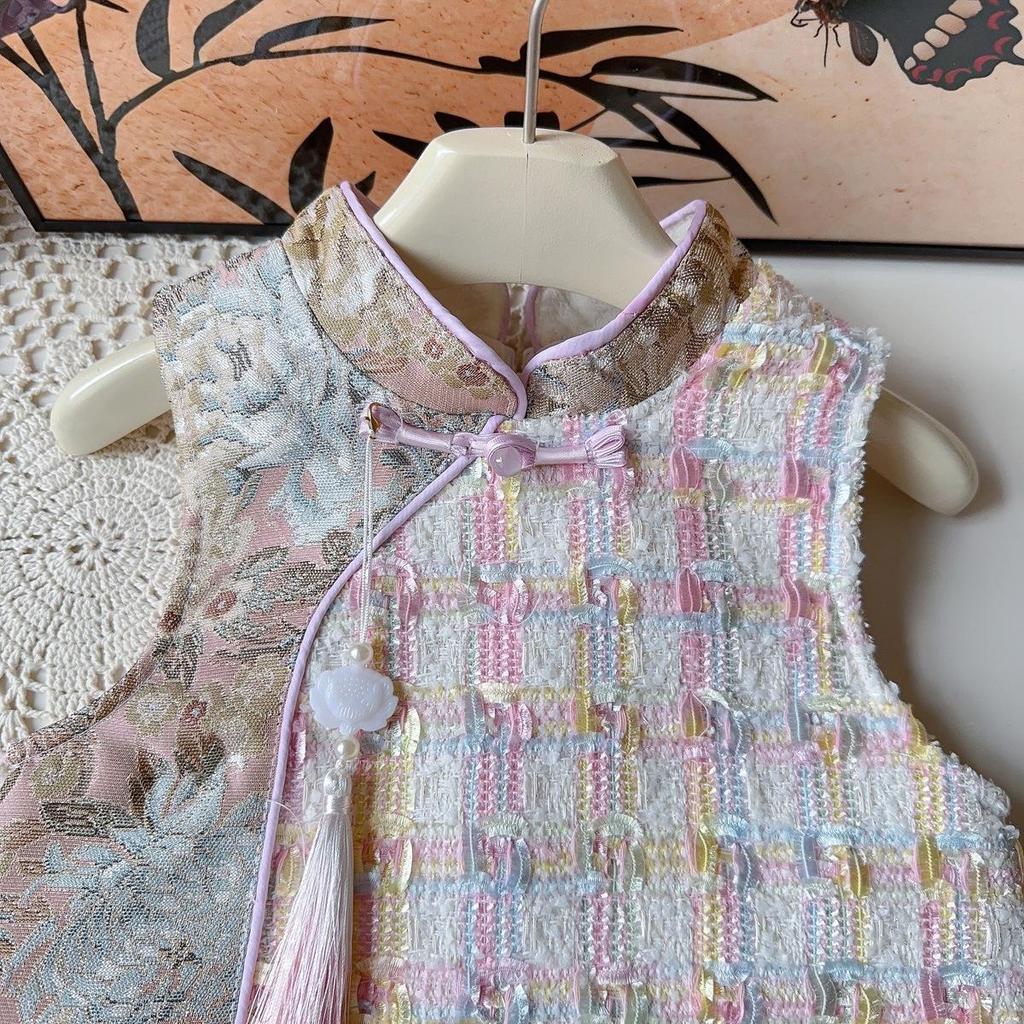 Girls' Winter Sleeveless Hanfu Cheongsam Dress with Mesh Skirt