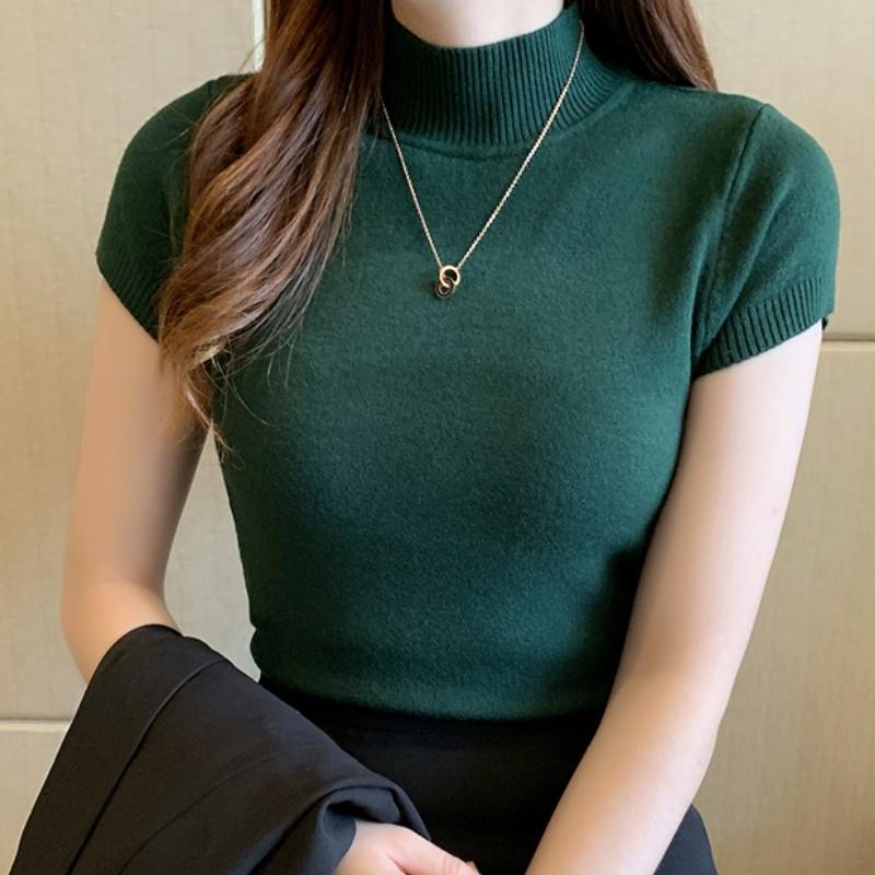Halbhohes T-Shirt Damenmode Pullover Lässige Oberteile Koreanischer Stil Elegante Unifarbene Kleidung Frühjahrs- und Sommersaison
