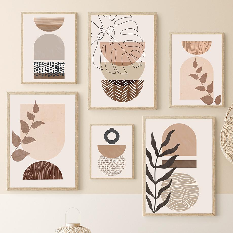 Monstera Leaves Geometric Abstract Boho Canvas Painting, Nordic Posters and Prints, Beige Pictures for Living Room Decor