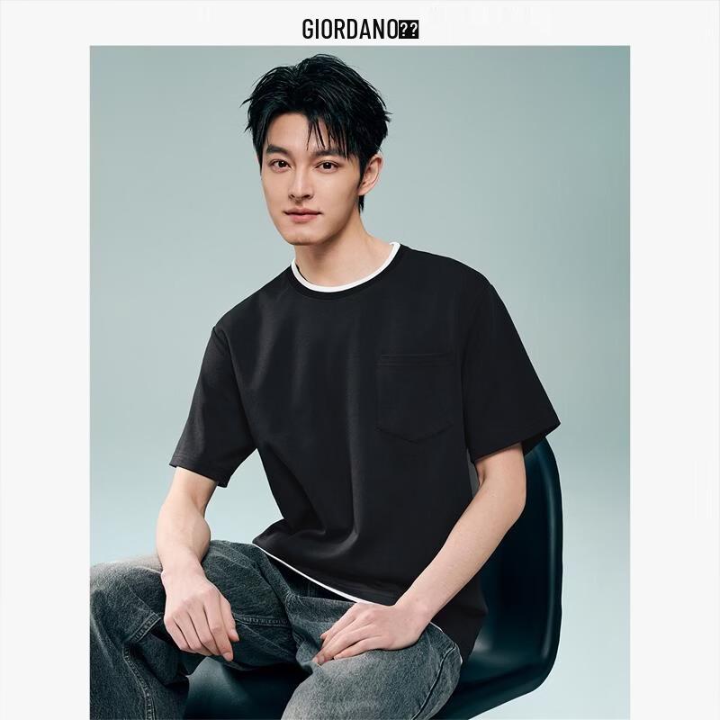 Giordano Men s Color-Block Fake Two-Piece Pocket Short Sleeve T-Shirt L