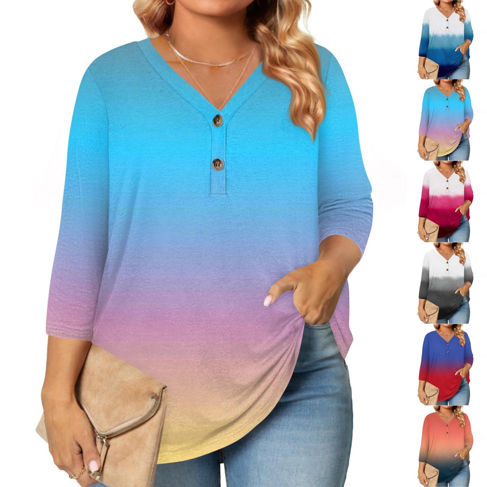 

Womens 3/4 Length Sleeve Tops Plus Size Button Down V Neck Shirts Blouses Casual Printing Loose L