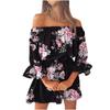 Ladies Casual Sexy One Shoulder Mid Waist Printed Ruffle Sleeve  A-Line Dress