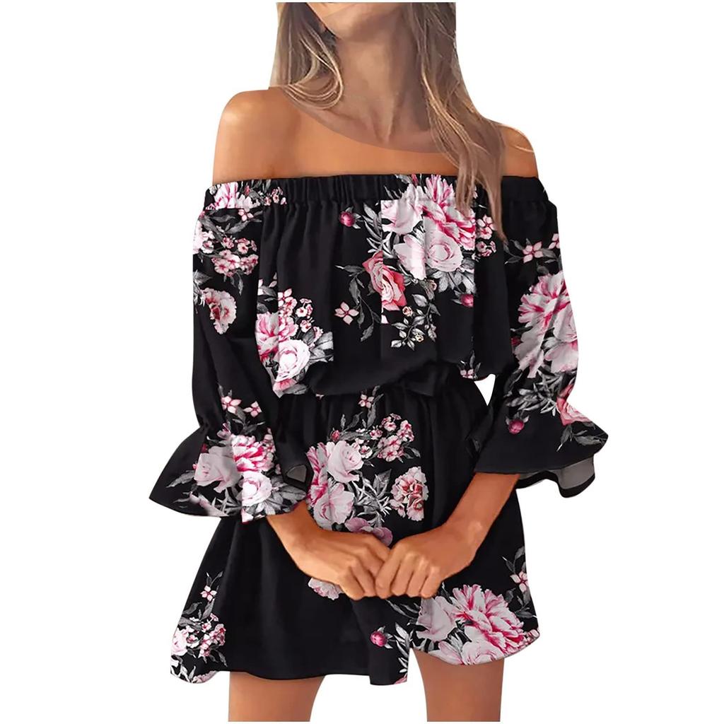 Ladies Casual Sexy One Shoulder Mid Waist Printed Ruffle Sleeve  A-Line Dress