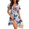 Short Sleeve V Neck Casual Dress with Flag and Floral Print Soft Lightweight Fabric Comfortable Fit