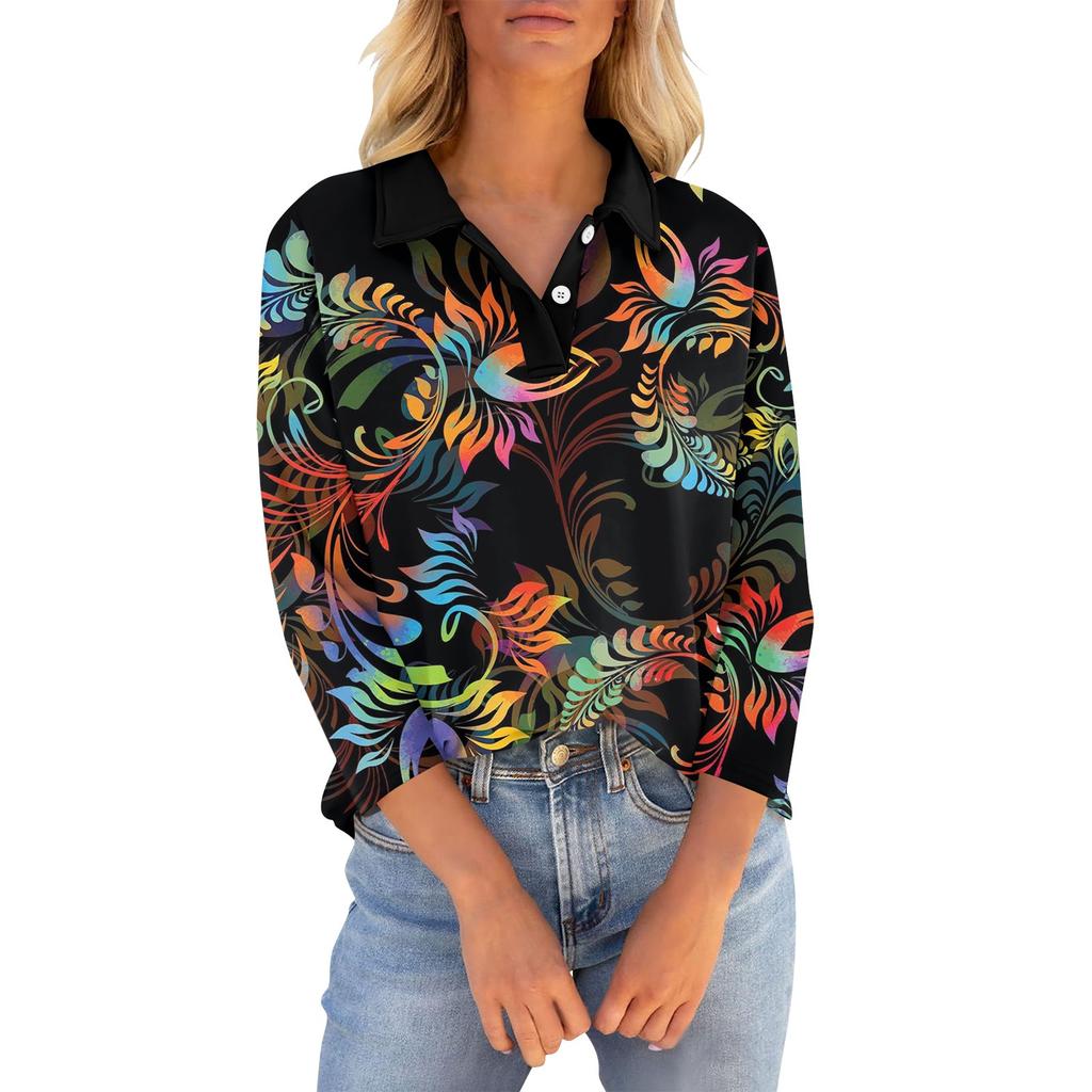 Women's 3/4 Sleeve T Shirts Summer V Neck Button Down Shirts Collared Casual Printed Loose Fit Tops