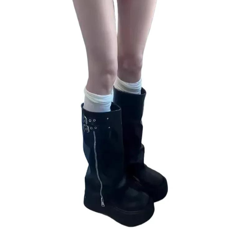 Ladies Shoes 2025 Platform Modern Women's Boots Side Zip Round Toe Belt Buckle Knee-High Boots Classics Versatile Shoes