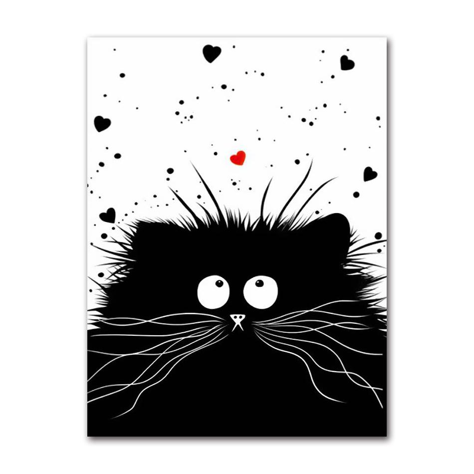 Schattige Zwart-Witte Kat Cartoon Dieren Minimalistische Muurkunst Print Canvas Schilderij Posters voor Woonkamer Moderne Huisdecoratie