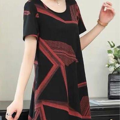 Stylish Geometric Printed Spliced Dresses Casual Loose Summer Short Sleeve Female Clothing A-Line Vintage Round Neck Midi Dress