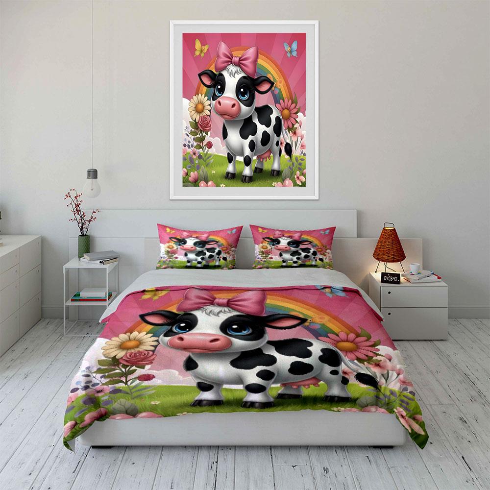 Set Biancheria da Letto con Stampa Mucca Carina e Sfondo Arcobaleno 1 Copripiumino 2 Federe per Adulti e Bambini Regalo di Lusso Misura Matrimoniale