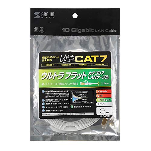 SANWA SUPPLY LAN Cable CAT7 Ultra Flat (3m) 10Gbps/600MHz Gigabit Ethernet Cable Anti-Claw RJ45 Connector White KB-FLU7-03W