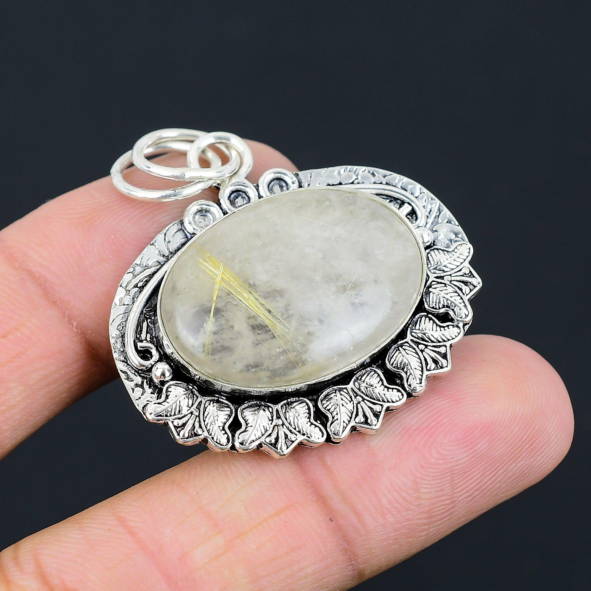 

Daughters Day Sale Sterling Silver Oval Natural Golden Rutile Wedding Pendant