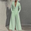 INCERUN Oversized Men Lapel Neck Long Sleeve Striped Loose Long Rompers Jumpsuits