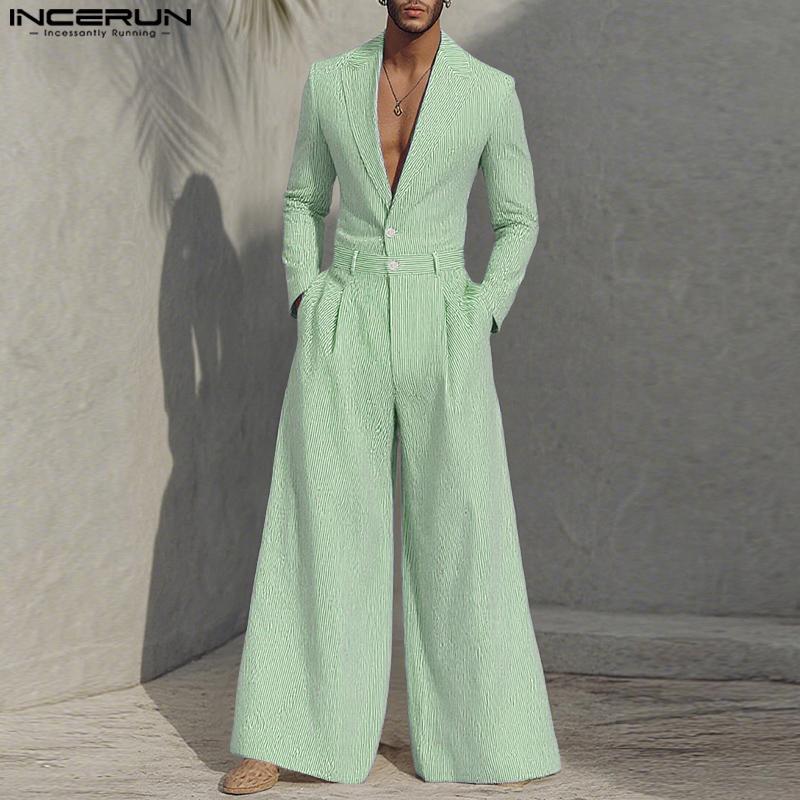 INCERUN Oversized Men Lapel Neck Long Sleeve Striped Loose Long Rompers Jumpsuits