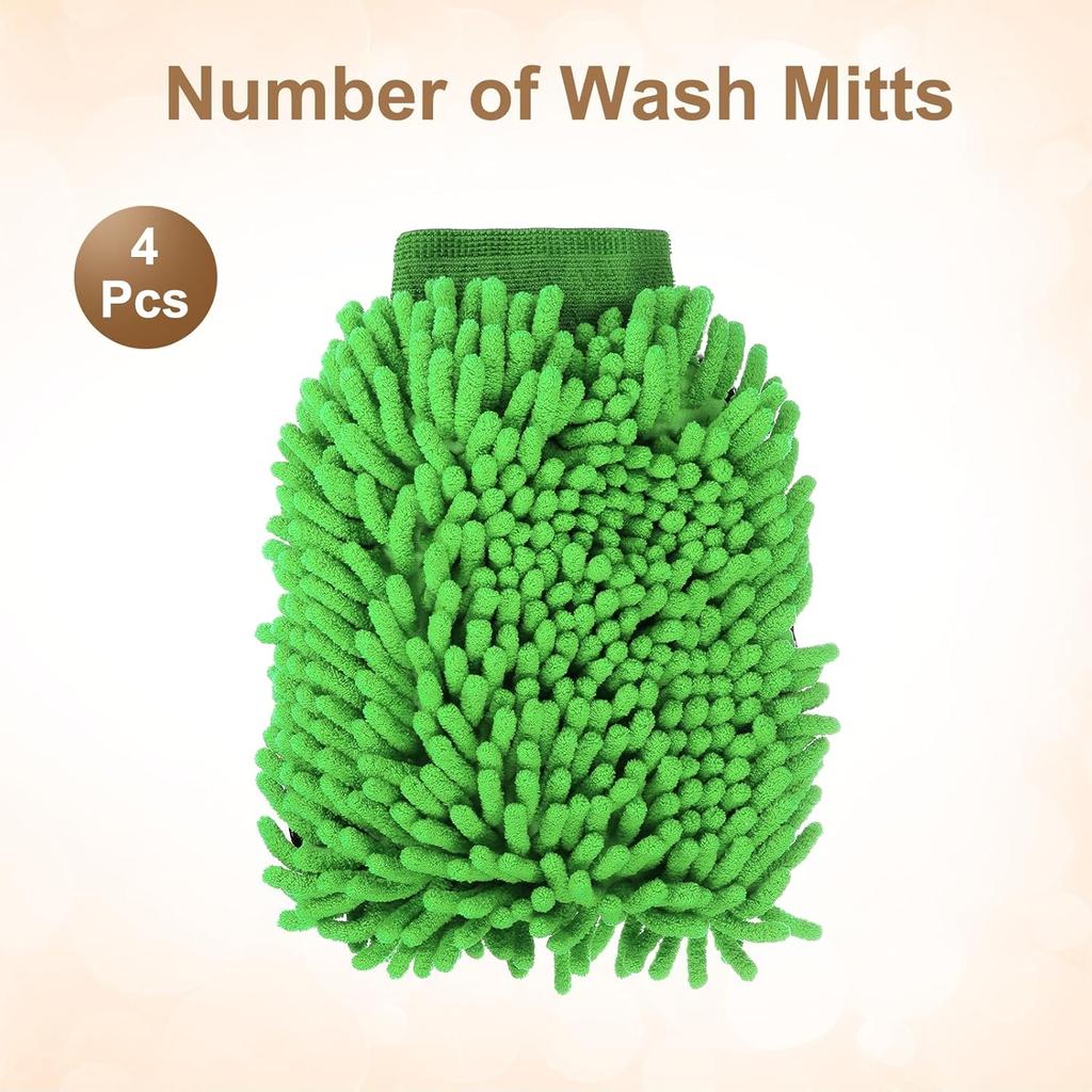 HARFINGTON 4pcs Chenille Microfiber Car Wash Mitts 9.8" x 7.9" Scratch Free Wash Gloves Absorbent Double Sided Plush Cleaning Drying Mitts for Car