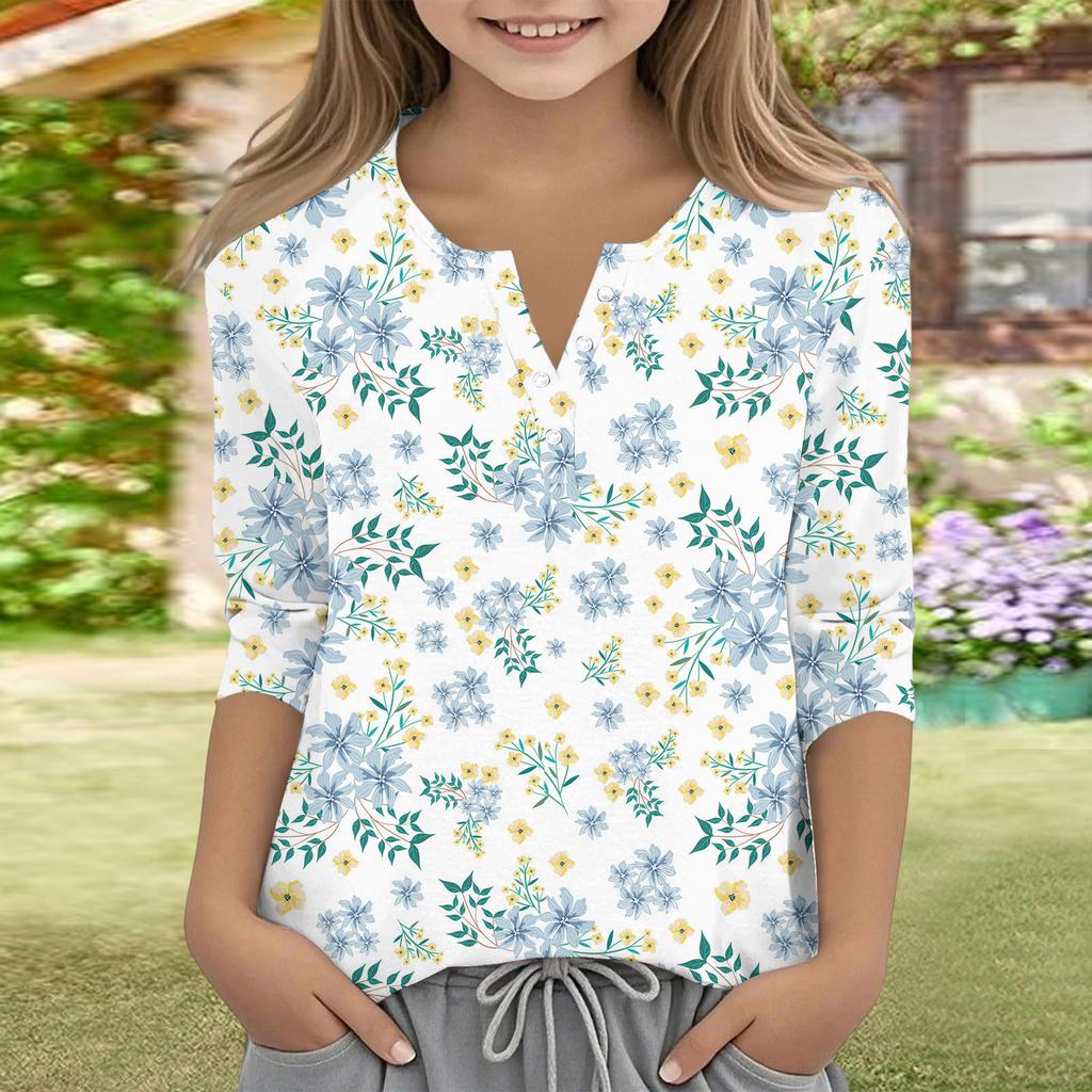 Print Tops For Youth Girls V Neck Button 3/4 Sleeves T-Shirts Trendy Tops Outfit Tees