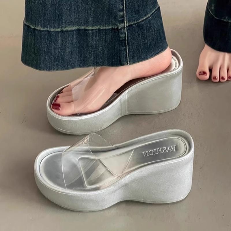Transparent slippers with high heels and thick soles for women's outer wear, summer 2025 new muffin heightening slope heel beach sandals