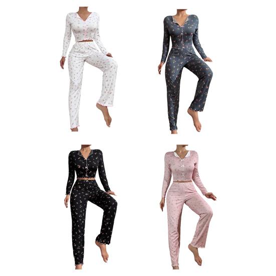 Pajama Set for Women Cherry Print Long Sleeve Crop Top And Long Pants Loungewear Casual 2 Piece Pjs Sleepwear Set