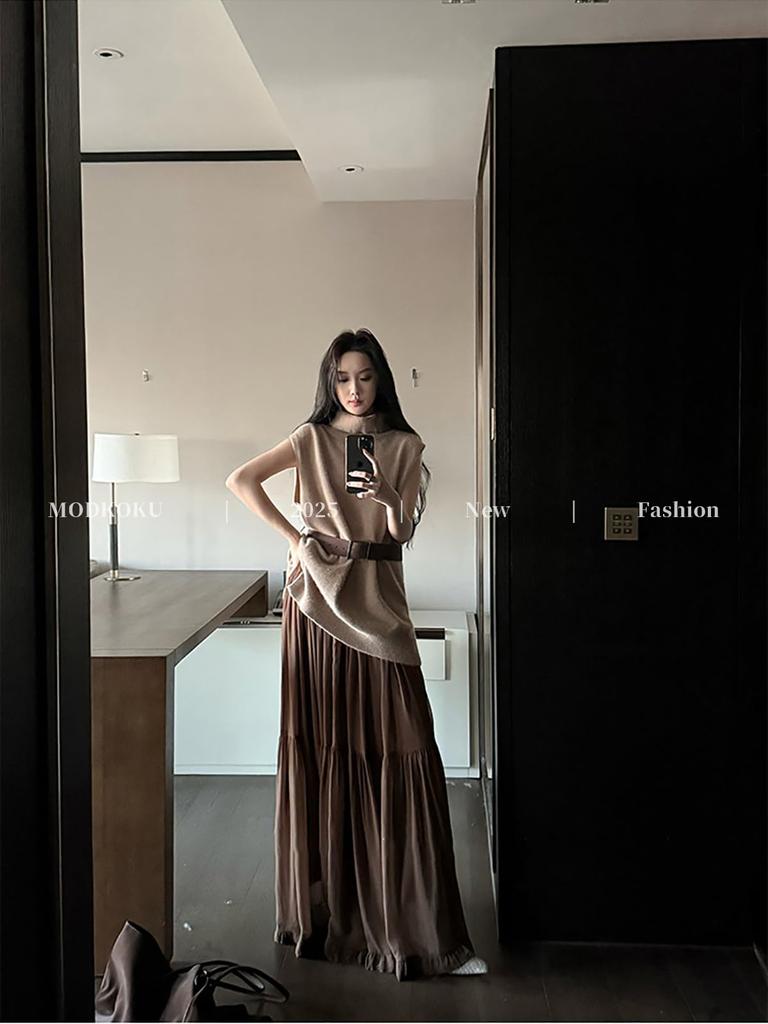 MODKOKU Knit Maxi Sweater Dress with a Korean Perfect for Office Workers and Long Size M Women's Waistband, Elegant, Sweet, Style, Feminine, Elegant,