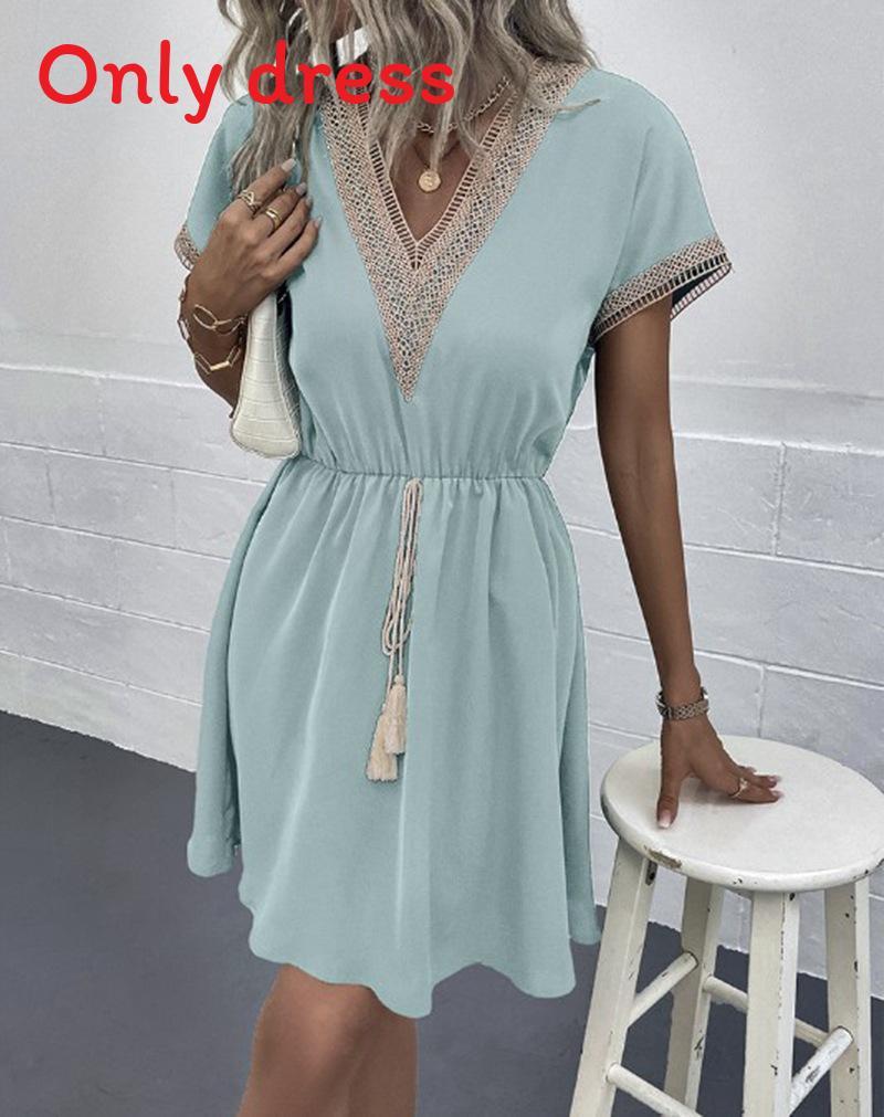 Summer Casual Crochet Vneck Dress With Short Sleeves For Women