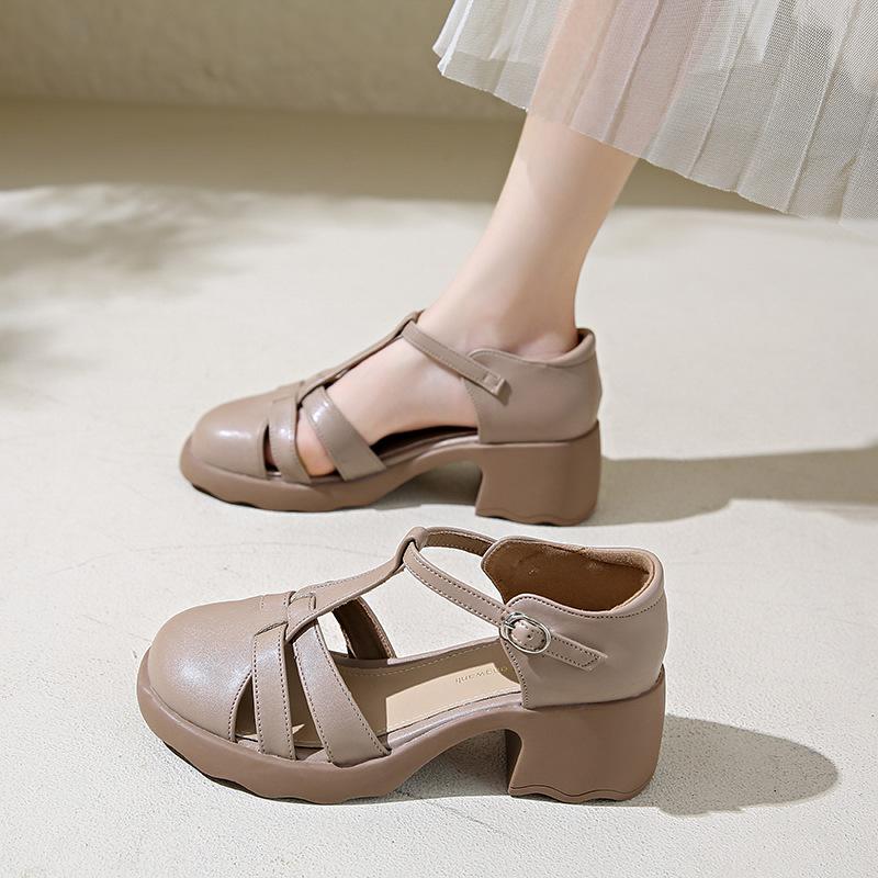 

Кожаная плетеная сумка-голова сандалии женские летние толстый каблук новые туфли-клетка на высоком каблуке ретро 41 абрикосовый