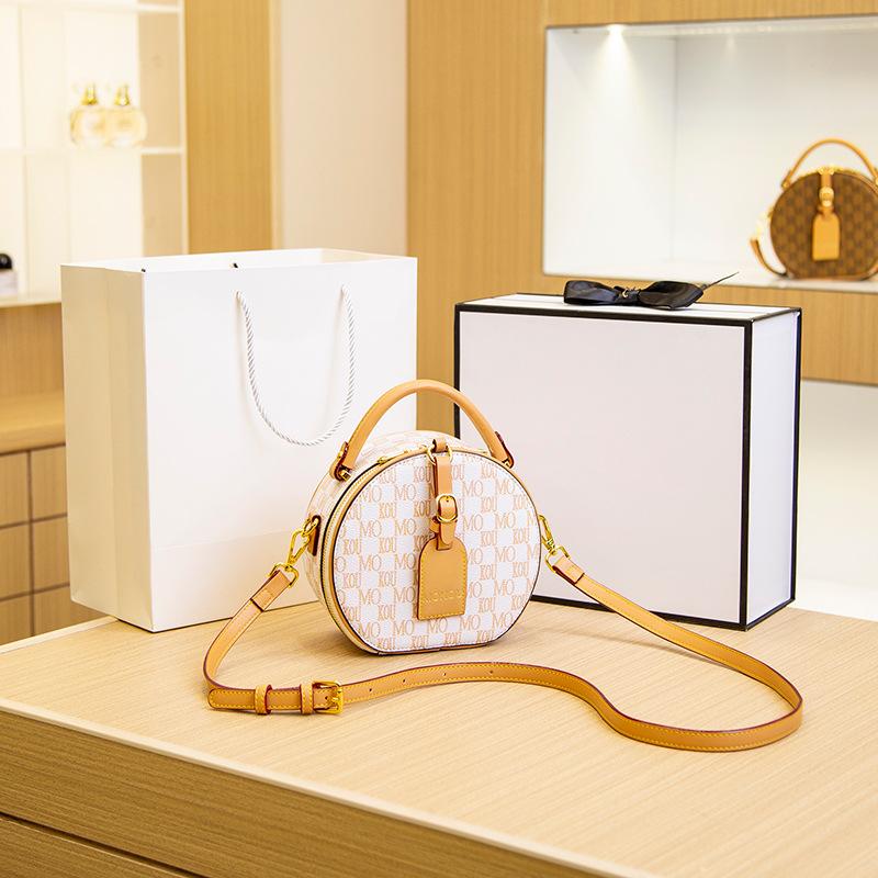 Retro New Women's Bag, Letter-printed Portable Small Round Bag, High-end Contrasting Color Round Cake Bag, Shoulder Messenger Bag.