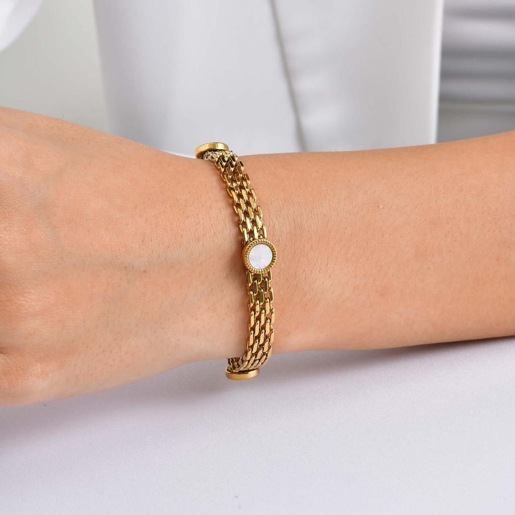 Chic Mesh Strap White Shell Bracelet,Gold Plated Stainless Steel Women's Bracelets,Fashion Waterproof Jewelry Gifts