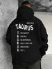 TAURUS Zodiac Hoodie - Trustworthy Ambitious Uncompromising Sexy Black Hooded Sweatshirt for Unisex Regular Fit Slight Stretch Fab