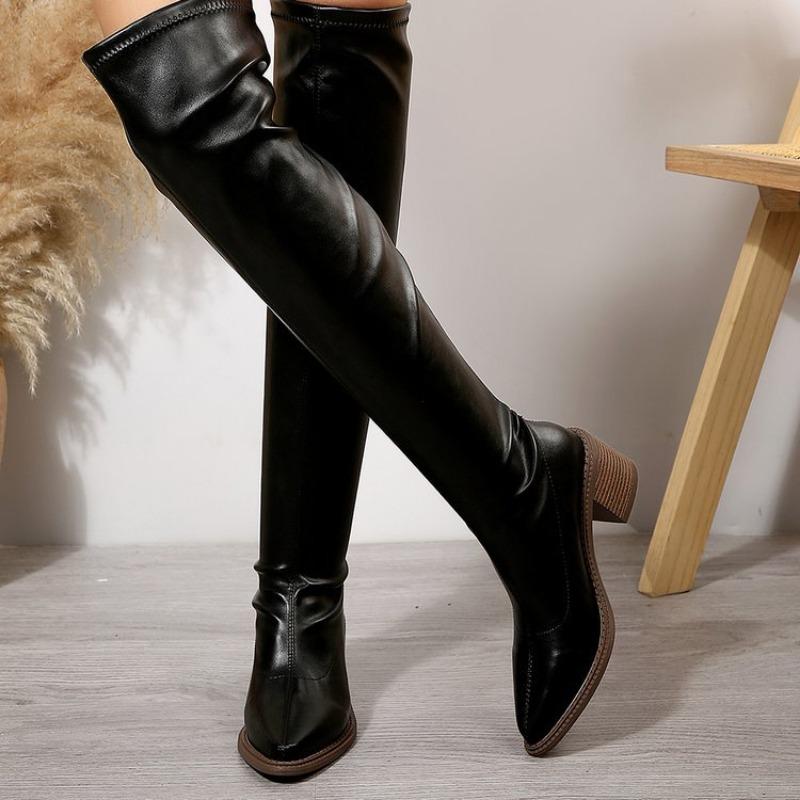New Stretch Boots for Plus-size Shoes, Women's Soft Leather Knight Boots, Pointed-toe Thick Heel Mid-heel Slim Boots