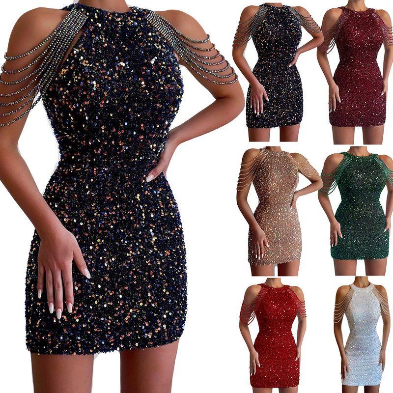 

2024 Neck Hanging Tassel Wrapped Hip Sequin Dress Dress Khaki L