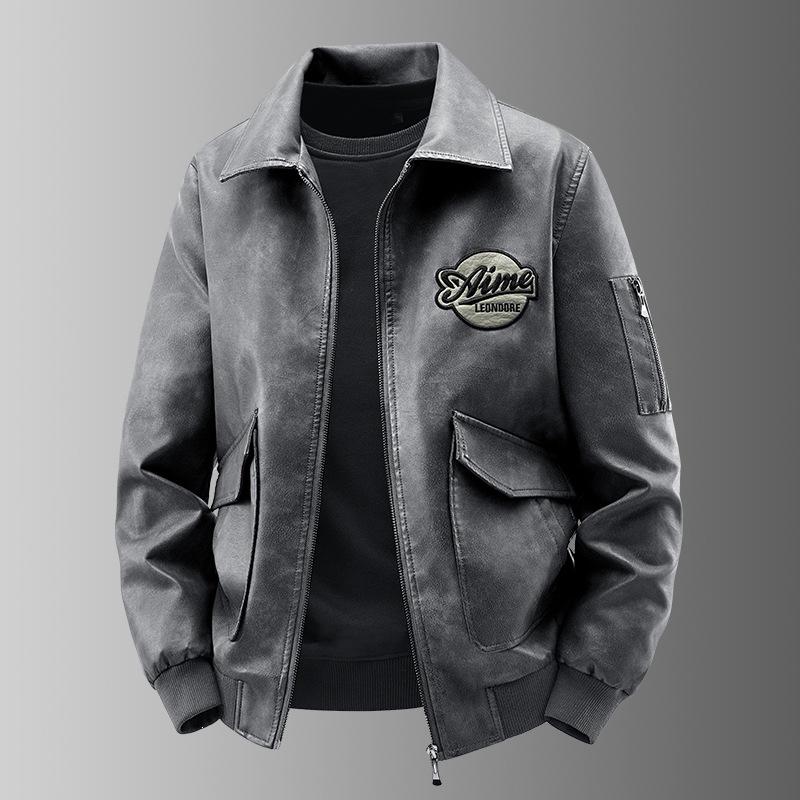 Spring and Autumn New Men's Leather Jacket Lapel Three-dimensional Pocket Fashion Trendy Men's Clothing Casual Versatile Trendy Brand Leather Jacket