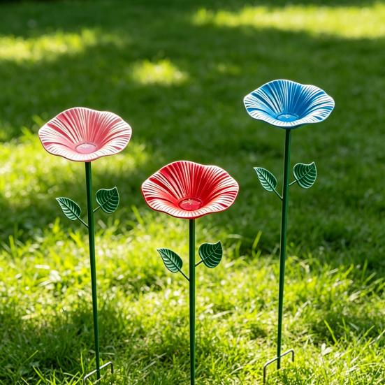 Flower Hummingbird Water Feeder Metal Garden Post Bee Watering Station And Butterfly Waterer Outdoor Bird Bath for Pollinators Garden Decor