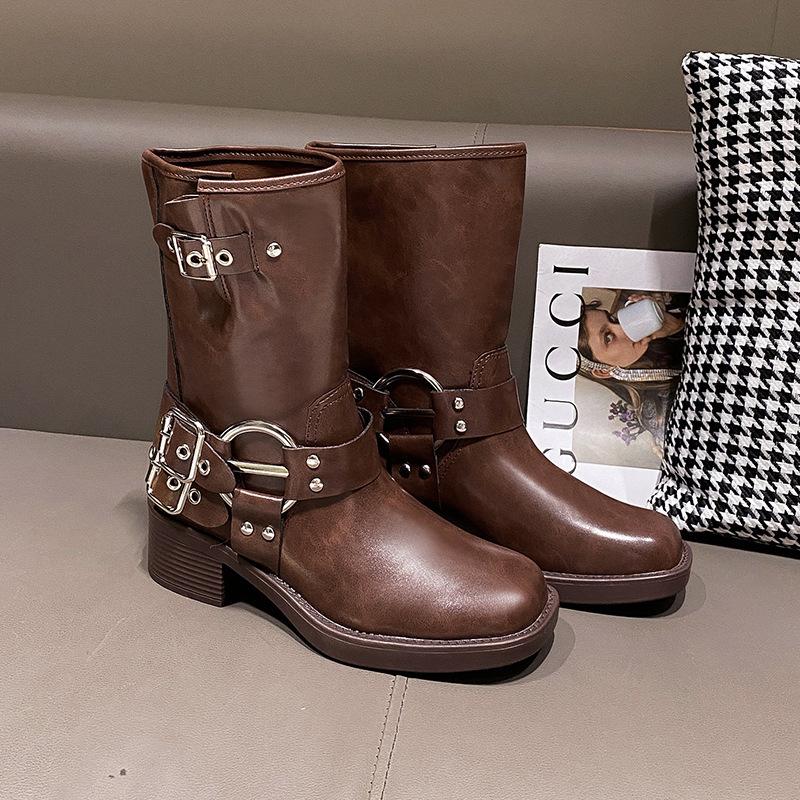 Fashion New Trend Women Boots Retro Brown Belt Buckle Women's High Boots Western Cowboy Boots Fashion Temperament Boots Botas Para Mujer