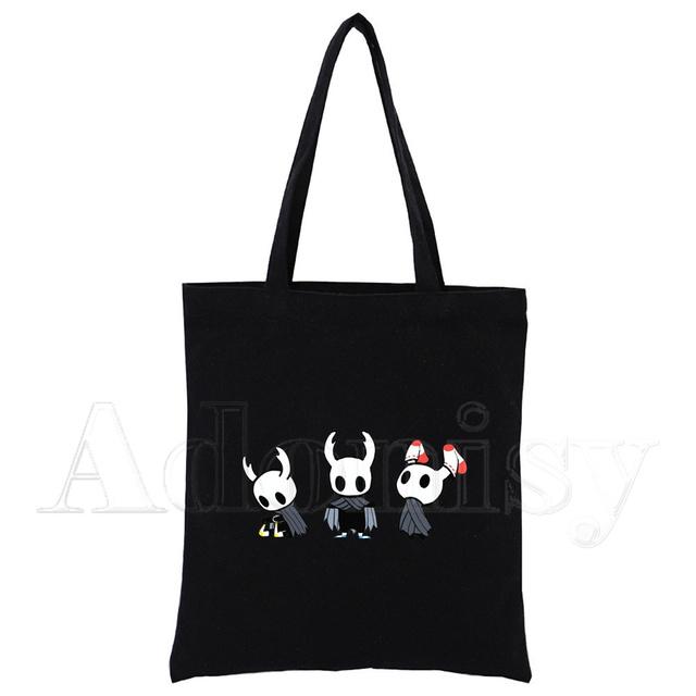 Hollow Knight Harajuku Konst Shopping Svarta Väskor Canvas Tote Bag Tryckt Tecknad Återanvändbar Tygkasse Handväska Axelväskor Anpassad