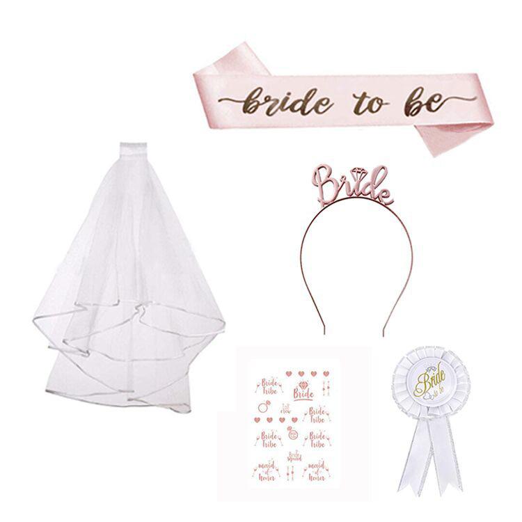 Rose Gold Bachelorette Party Set: Bride-to-Be Veil, Sash, Headband, Tattoo Stickers