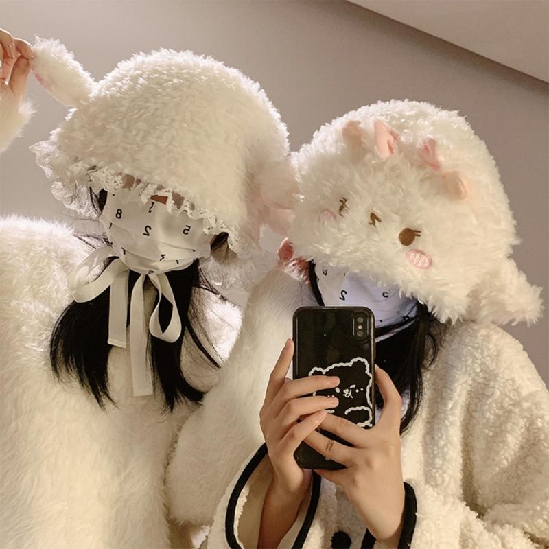 Lovely Plush Cartoon Sheep Hat with Warm Earflap Winter Activity Hat Lace Trim Pullover Hat Ear Protective Trapper Hat