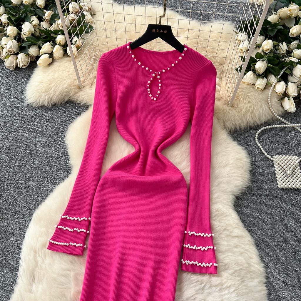 Autumn Spring Women Full Sleeve Luxury Beading Knitted Sweater Party Dress Long Midi Sheath Bodycon Pullover Dresses
