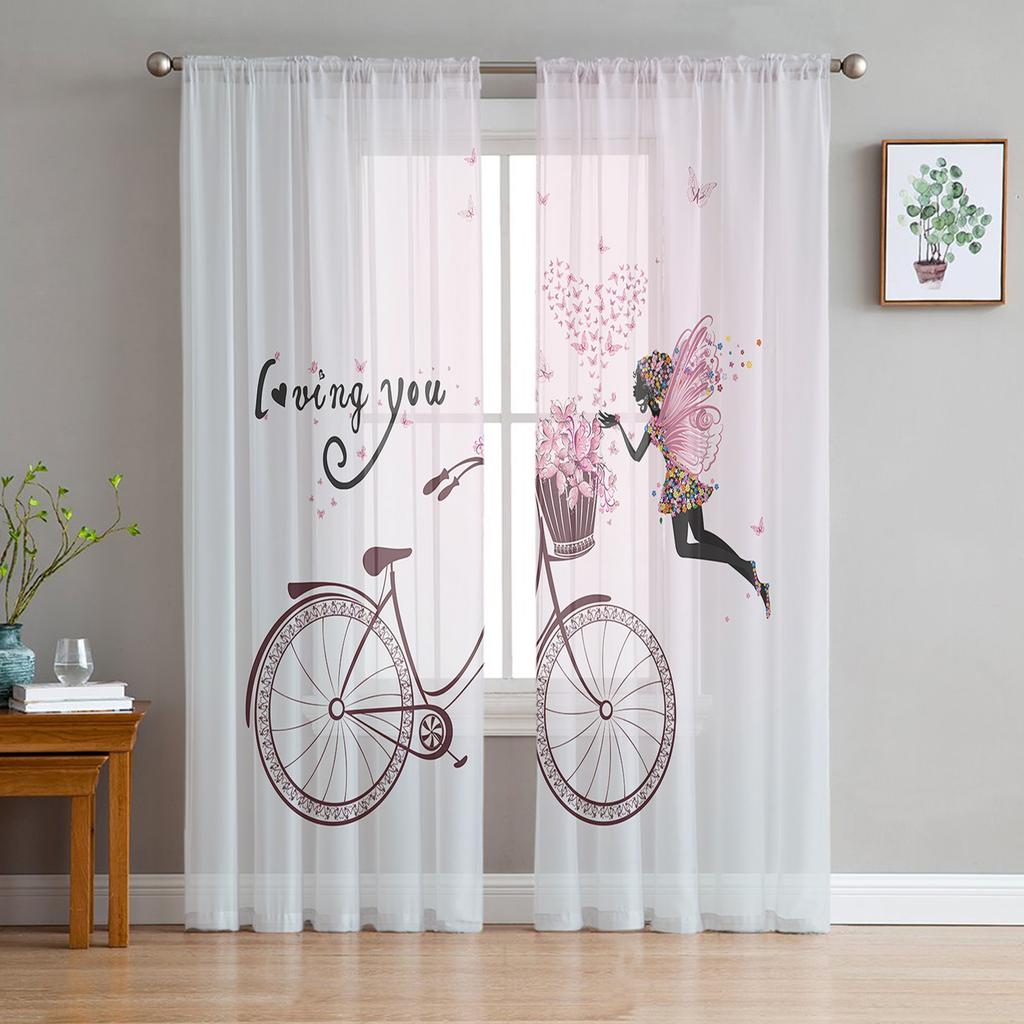 Butterfly Girl Bicycle Flower Pink White Chiffon Sheer Curtains for Living Room Bedroom Decoration Window Voiles Tulle Curtain
