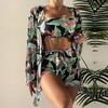 Costum de baie pentru femei Set trei piese cu talie înaltă, pantaloni cu mâneci lungi, costume de bikini, costume de baie imprimate