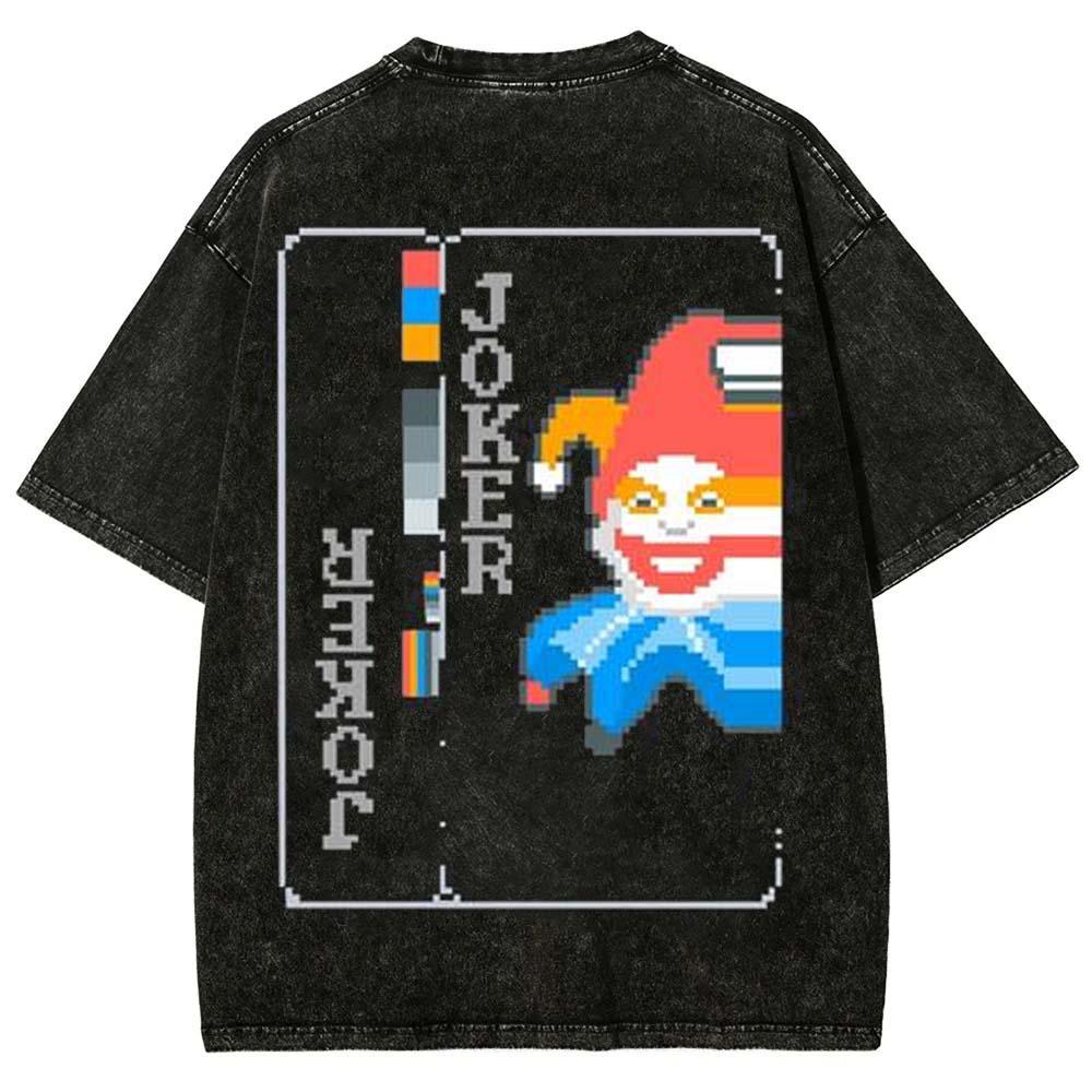 Retro indie game card pattern washed mens loosefitting shirt Couples allseason street style shirt graphic t shirts