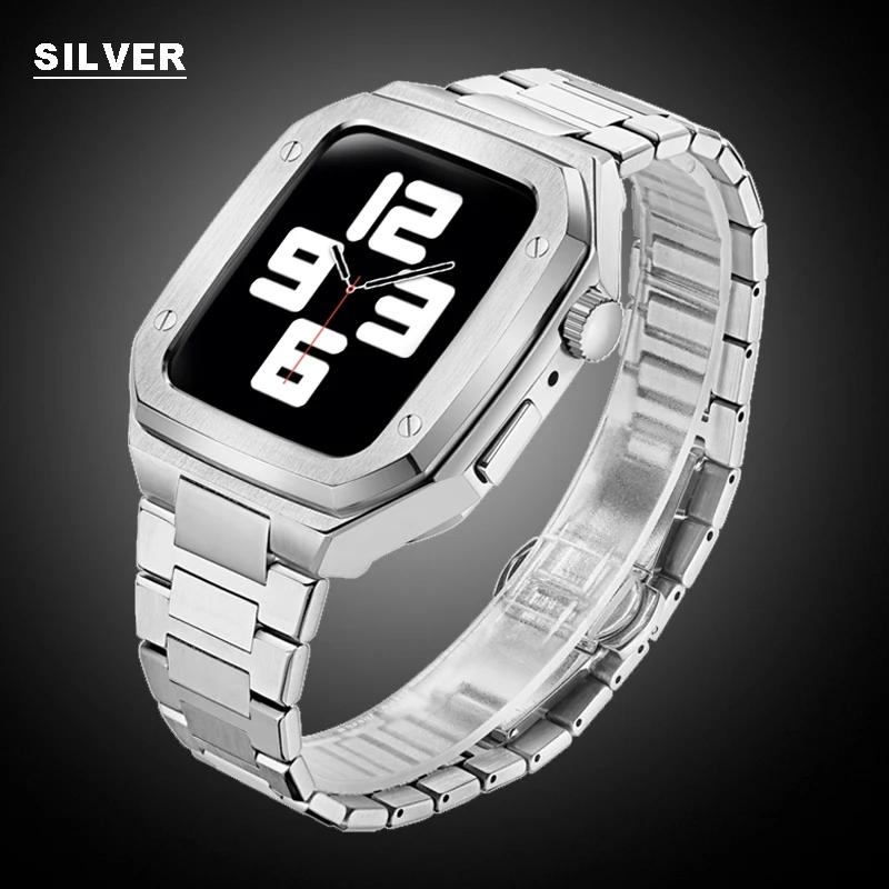 

Modification Luxury Stainless Steel Case for Apple Watch 8 7 6 5 Band Metal Strap for IWatch 42mm 44mm 45mm Rubber Watchband For 44mm серебряный