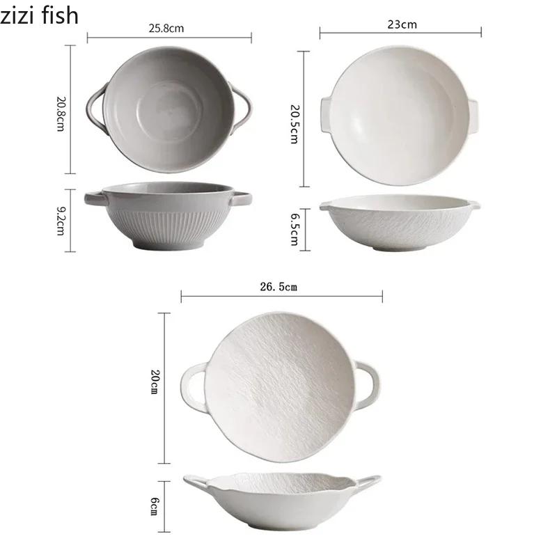 Solid Color Ceramic Double Ear Bowl Large Capacity Noodle Bowl Soup Bowl Salad Bowls Snack Bowls Restaurant Creative Tableware