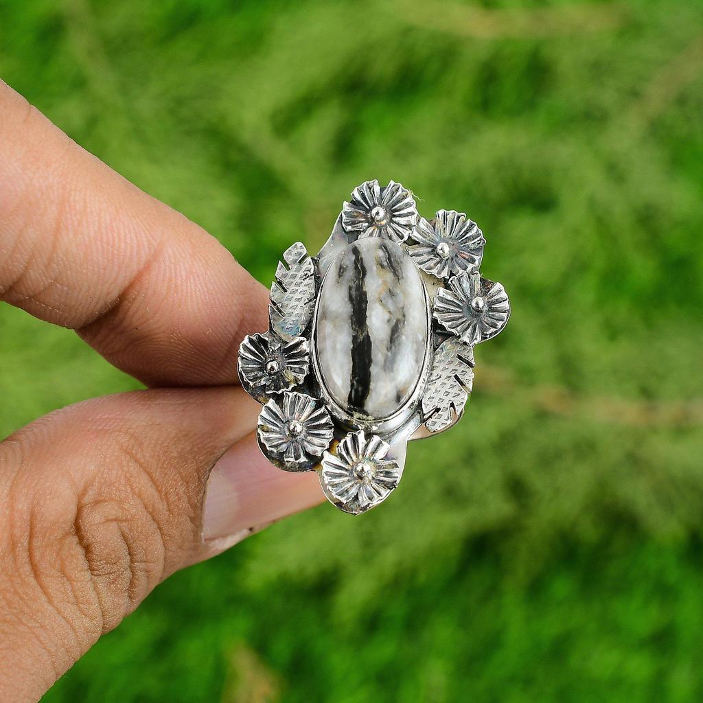 Natural Zebra Jasper 925 Silver Stackable Flower Adjustable Ring For Women