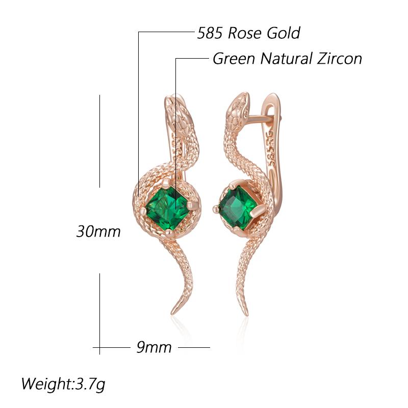 Green Natural Zircon Snake Drop Earrings For Women Fashion Rose Gold Color Vintage Daily Punk Animal Jewelry