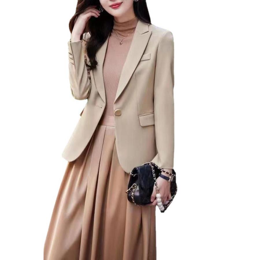 Autumn New Single-Button Slim Fit Women's Blazer Jacket, Solid Color Beige Casual Small Suit