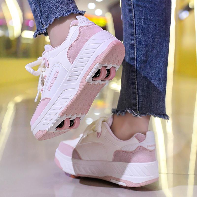 Boy's Rotating Button Four Wheel Skate Kids Shoes with Wheels Girl Skate Shoes