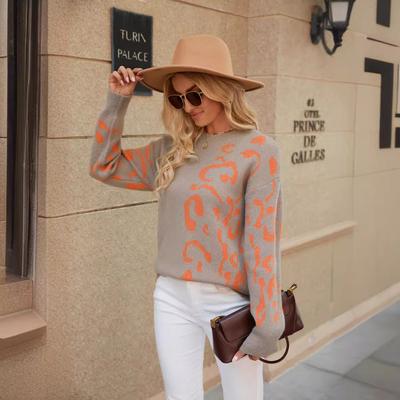 Fall Winter Leopard Print Knitted Pullover Women's Round Neck Long-sleeved Loose Knit Sweater Jacket Trendy Comfortable Versatile Wear
