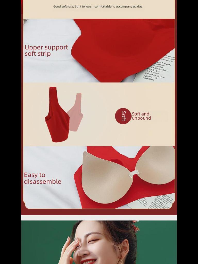 Bright Red Seamless Bra for Women: Gathered Support, Steel-Ring Free, Perfect for the New Year of the Zodiac.