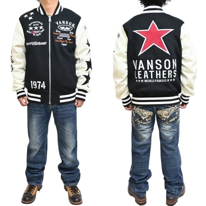 Reversible Stadium Jumper Jacket One Star Biker Outerwear [Banson] NVSZ-2417 Men's (JP, Alphabet, 2XL, Black)