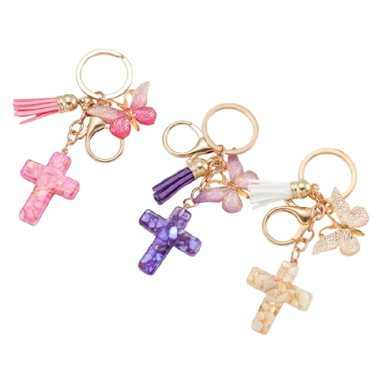 Christian Resins Crosses and Butterfly Keychain with Tassels for Daily Key Organization and Backpack Bag Decoration
